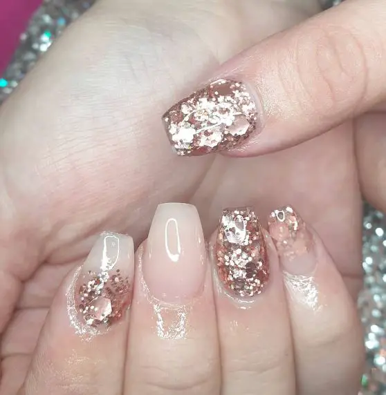 Nude Shade Nails with Rose Gold Glitter