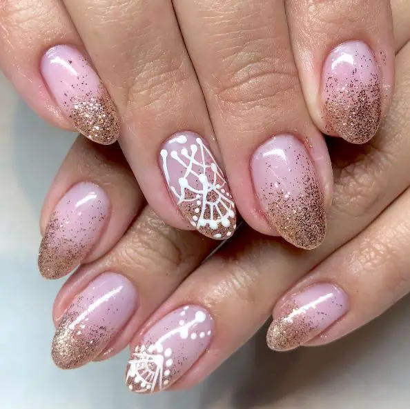 Nude and Ombré Glitter with Lace Work Nail Art
