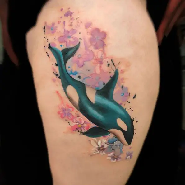 Orca Swimming Through a Sea of Flowers Tattoo Piece