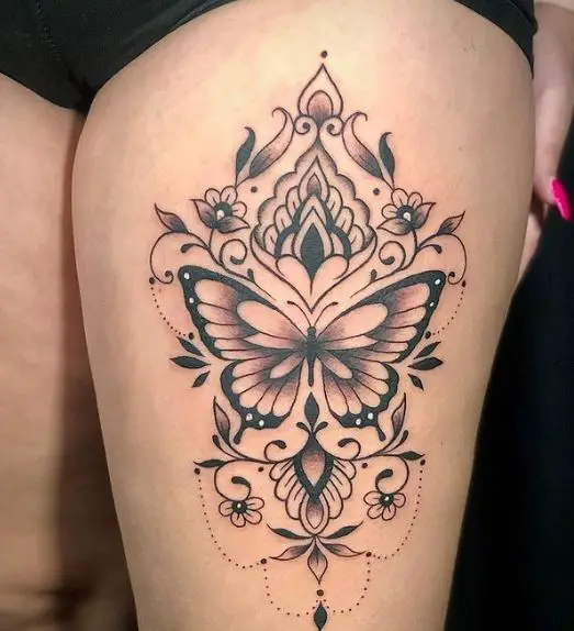 Ornamental Butterfly Thigh Tattoo Piece