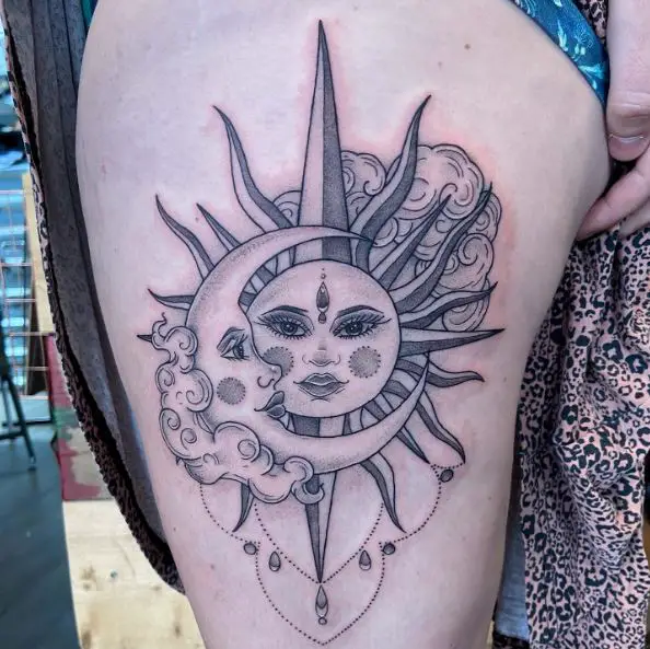 Ornamental Sun and Moon Thigh Tattoo Piece