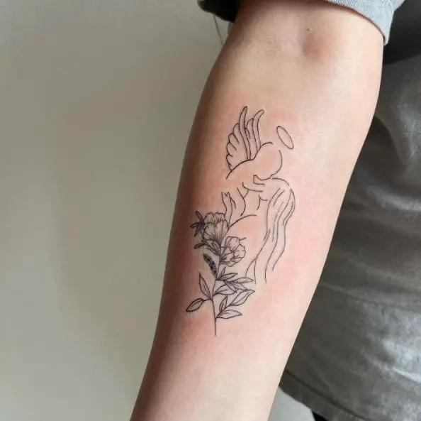 Outline Tattoo of a Mother holding an Angel Baby