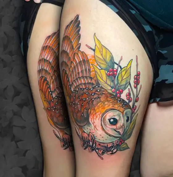Owl Bird Thigh Tattoo