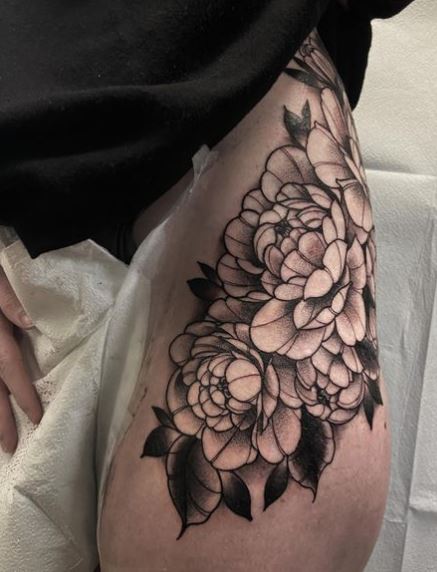 Peonies Wrap Around Upper Thigh Tattoo Piece