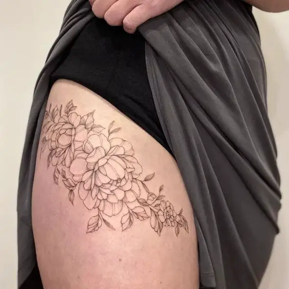 Peony Flower Arrangements Thigh Tattoo