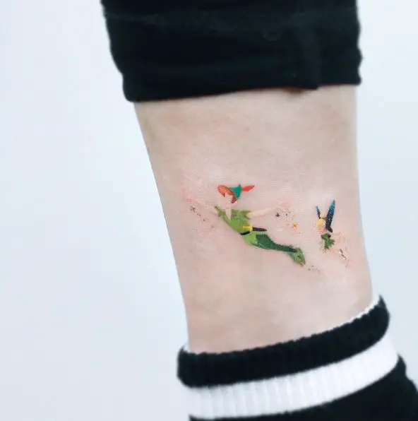 Peter Pan and Tinker Bell Leg Tattoo