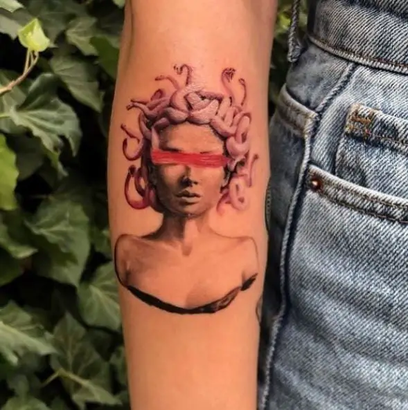 Pink Colored Blindfolded Medusa Tattoo