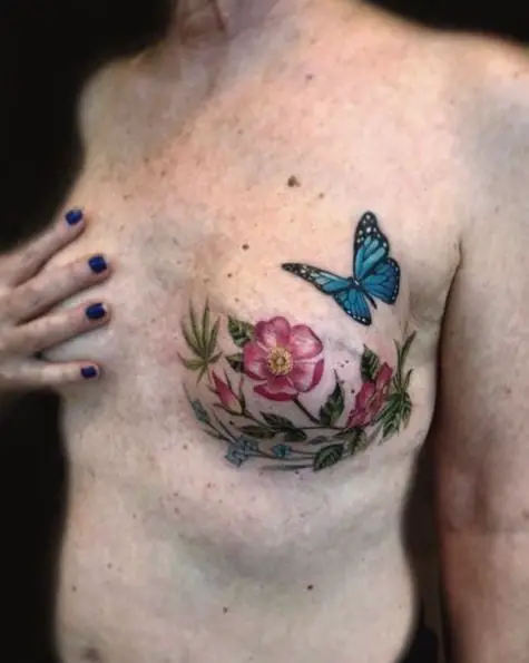 Pink Flowers and Butterfly Breast Tattoo