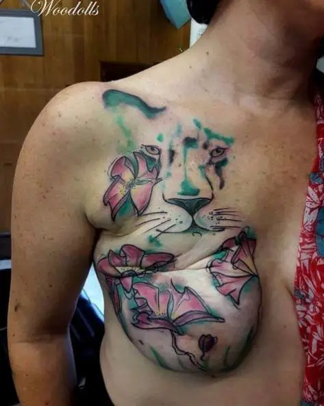 Pink October Rose and Tiger Face Breast Tattoo