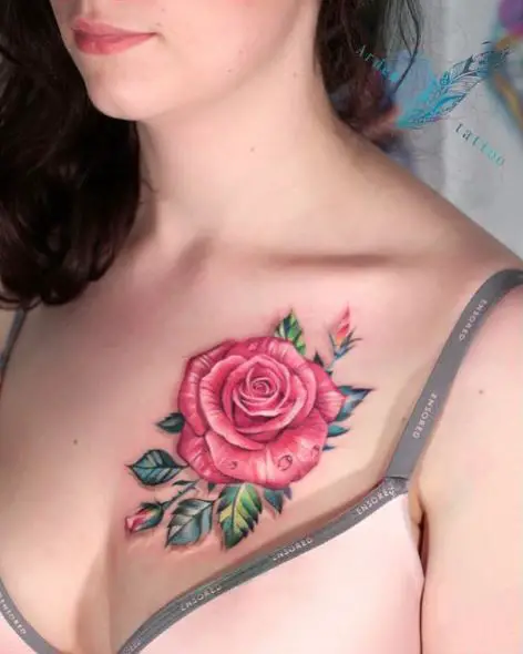 Pink Rose Breast Tattoo