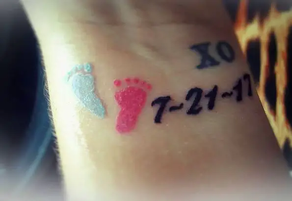 Pink and Blue Baby Footsteps Tattoo with Dates