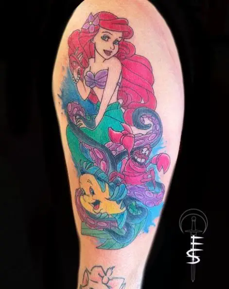 Pink and Blue Little Mermaid Arm Tattoo