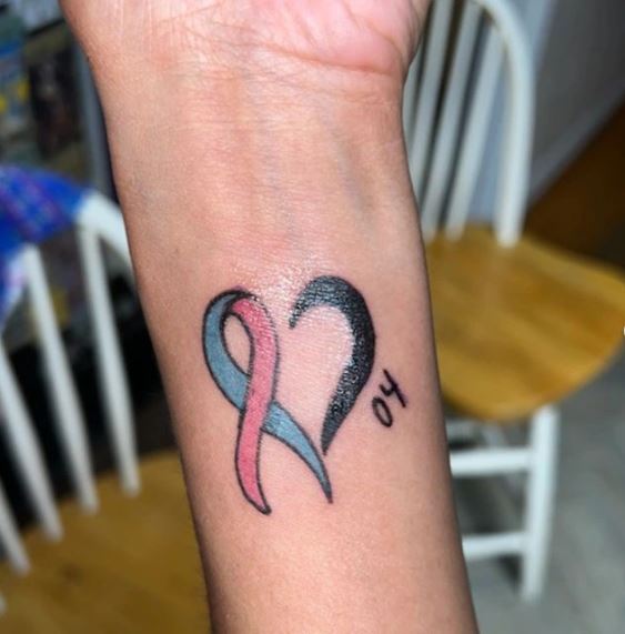 Colon Cancer Ribbon Tattoo On Right Forearm