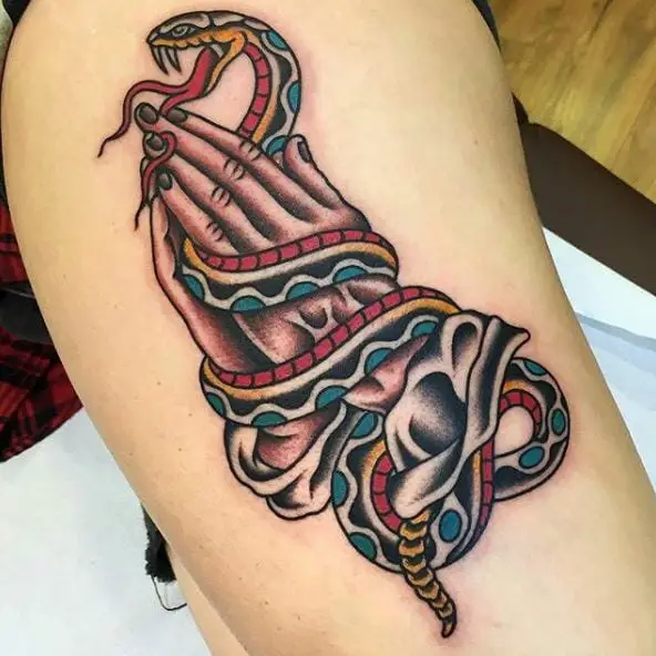 Praying Hands and Colored Snake Tattoo Piece