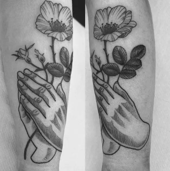 Praying Hands with A Flower Tattoo Piece