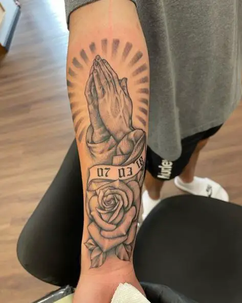 Praying Hands with Halo, Rose and Date Sleeve Tattoo