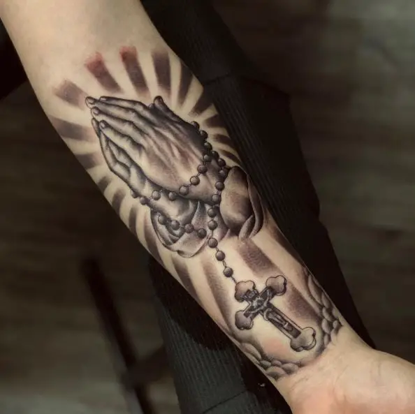Praying Hands with Halo and Rosary Tattoo