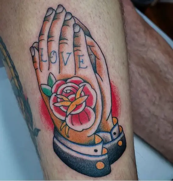 Praying Hands with Pink Rose Tattoo Piece