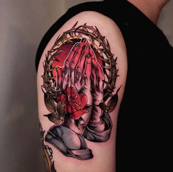 Praying Hands with Red Rose and Thorn Arm Tattoo