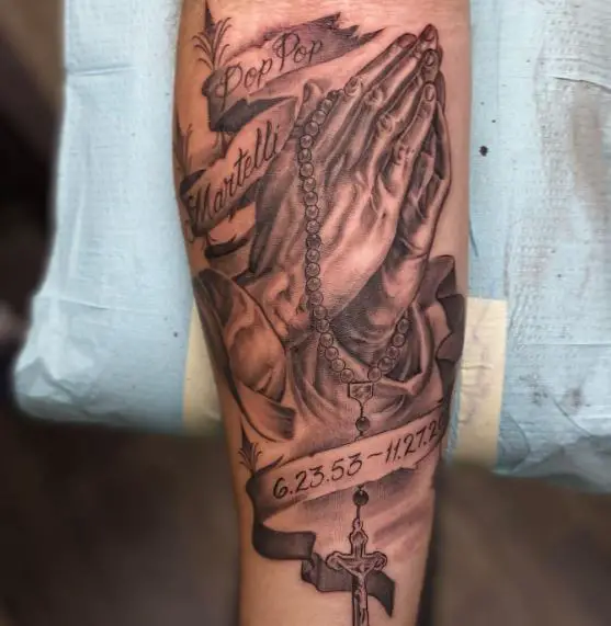 Praying Hands with Rosary and Date Tattoo