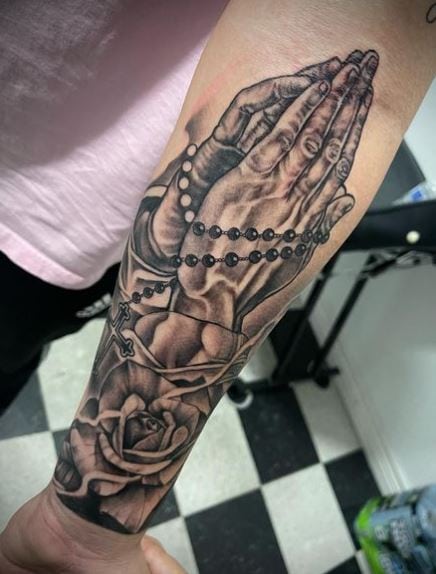 Praying Hands with Rosary and Flower Tattoo
