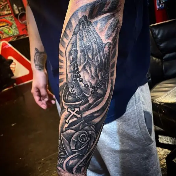 Praying Hands with Rosary and Rose Sleeve Tattoo
