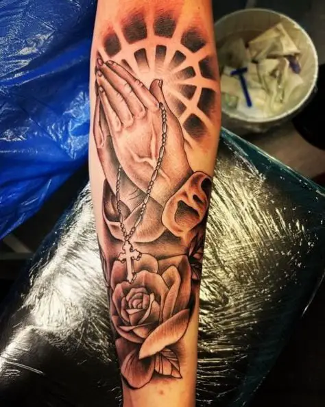 Praying Hands with Rosary with Halo and Rose Tattoo