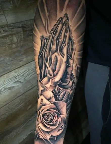 Praying Hands with Rose Forearm Tattoo