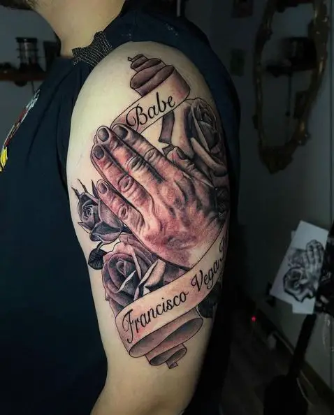 Praying Hands with Roses and Names Arm Tattoo