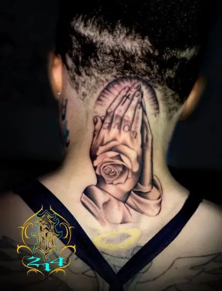 Praying Hands with a Rose Neck Tattoo