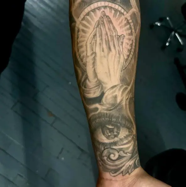 Praying Hands with Halo Sleeve Tattoo
