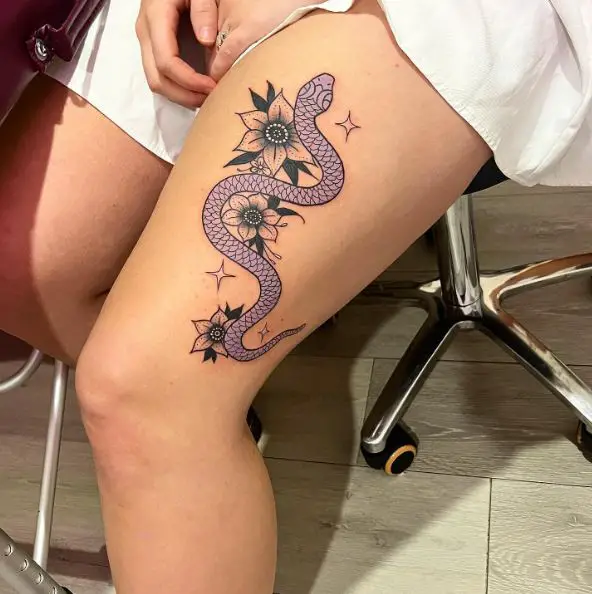 Purple Snake and Grey Flowers Thigh Tattoo Piece