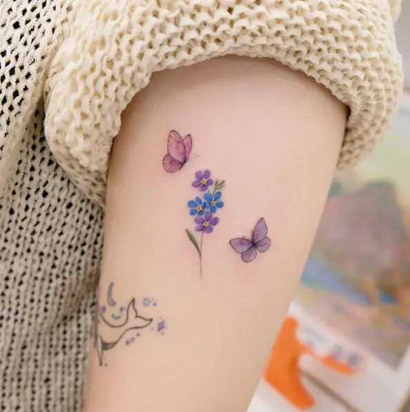 Purple and Blue Forget-Me-Not and Butterflies Tattoo