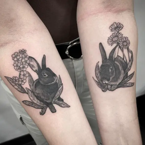 Rabbit with Daisy and Forget Me Not Portrait Tattoo
