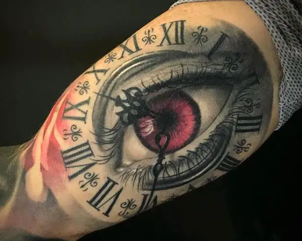 Realistic Red Eye Roman Number Clock Arm Tattoo