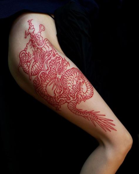 Red Dragon Thigh Tattoo