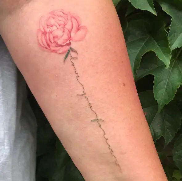 Red Flower Script Forearm Tattoo
