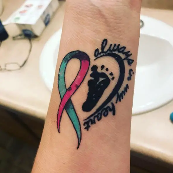 Ribbon and Black Baby Footstep Tattoo Piece