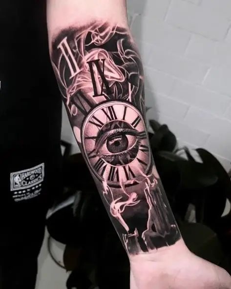 Roman Number Clock with an Eye Forearm Tattoo
