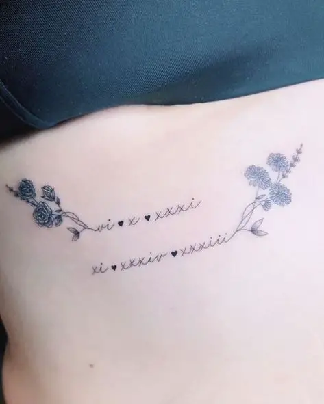Roman Numerals and Birth Flowers Tattoo
