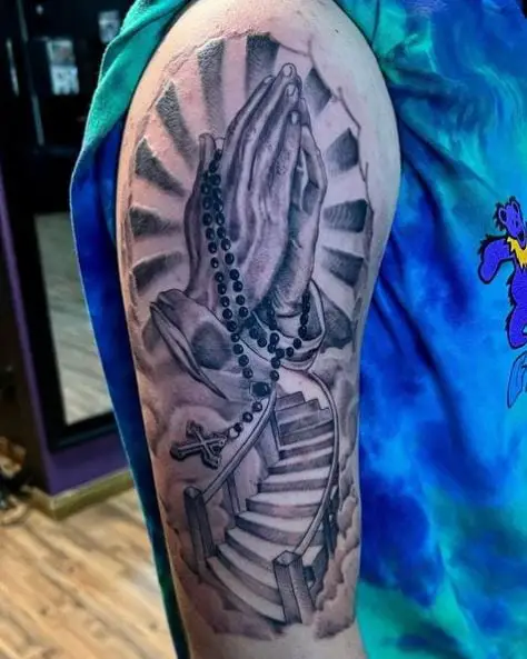 Rosary Praying Hands with Halo and Staircase Tattoo