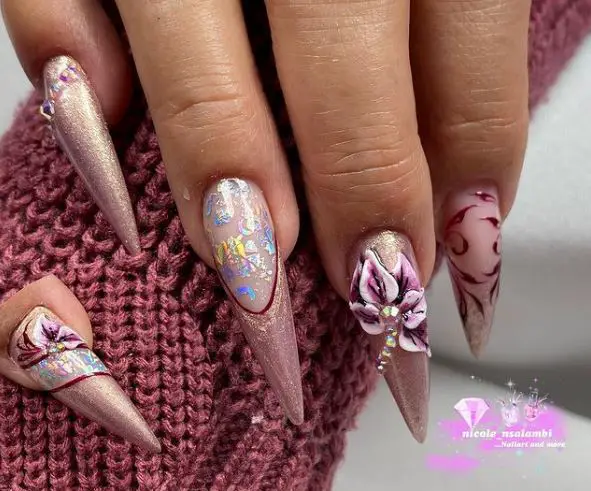 Rose Gold Glitter Nails with 3D Art