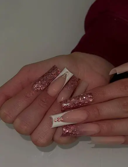 Rose Gold Glitter with White French Tip Long Nails