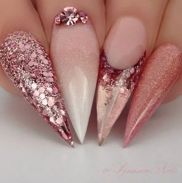Rose Pink and Rose Gold Glitter Nails