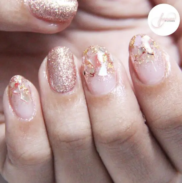 Rose gold glitter ombre nails with gold foils accent