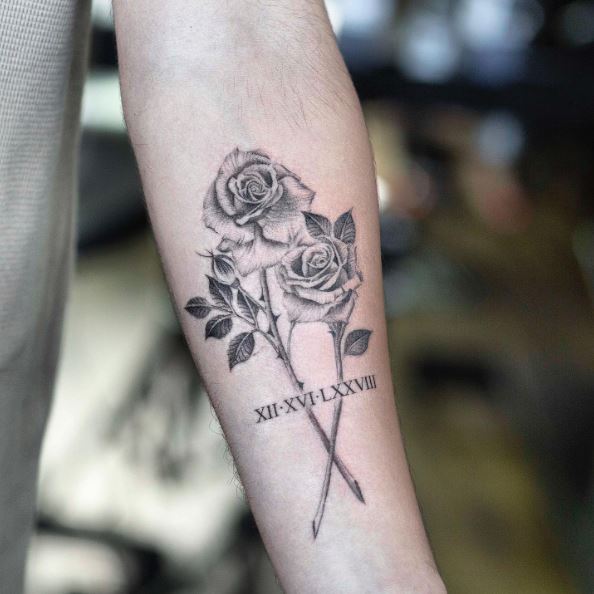 Roses and Roman Numerals Forearm Tattoo