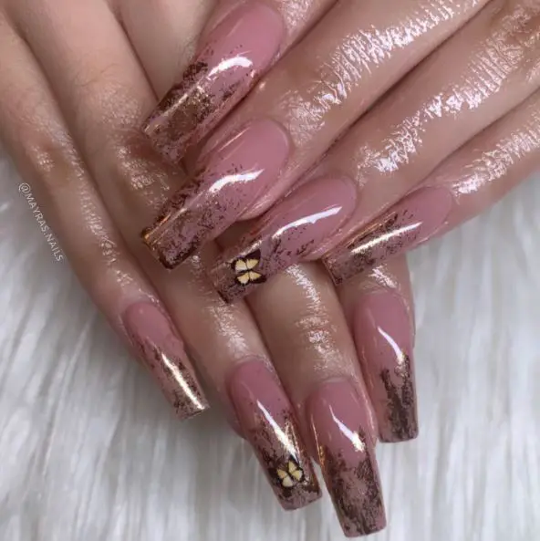 Pink and Rose Gold Foil Ombre Nails with Bling