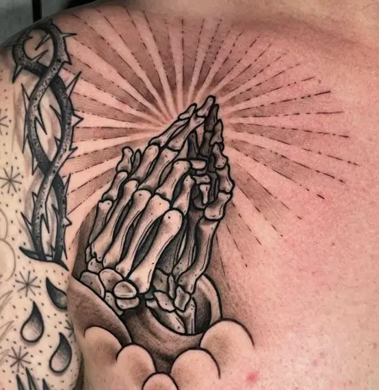 Skull Praying Hands Chest Tattoo Piece