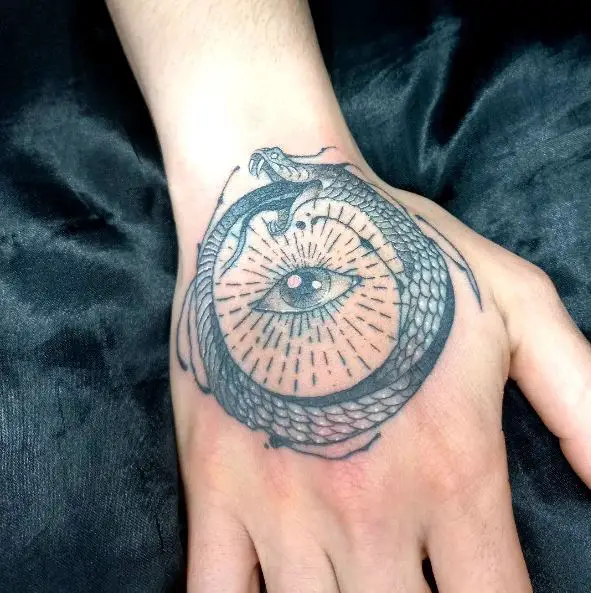 Snake and Eye Ouroboros Hand Tattoo
