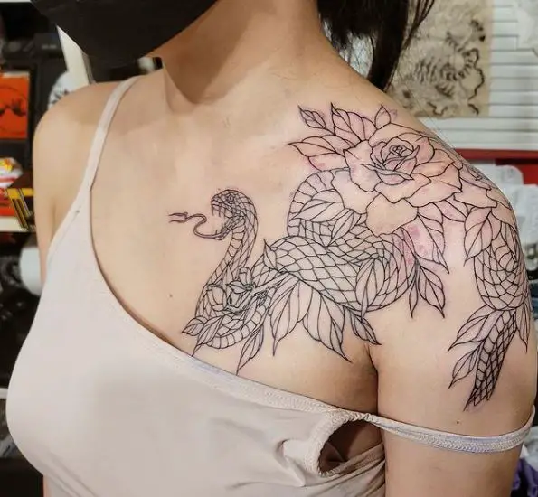 Snake and Flowers Black Line Breast and Shoulder Tattoo
